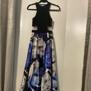 Gorgeous black, blue & white satin evening gown for sale!